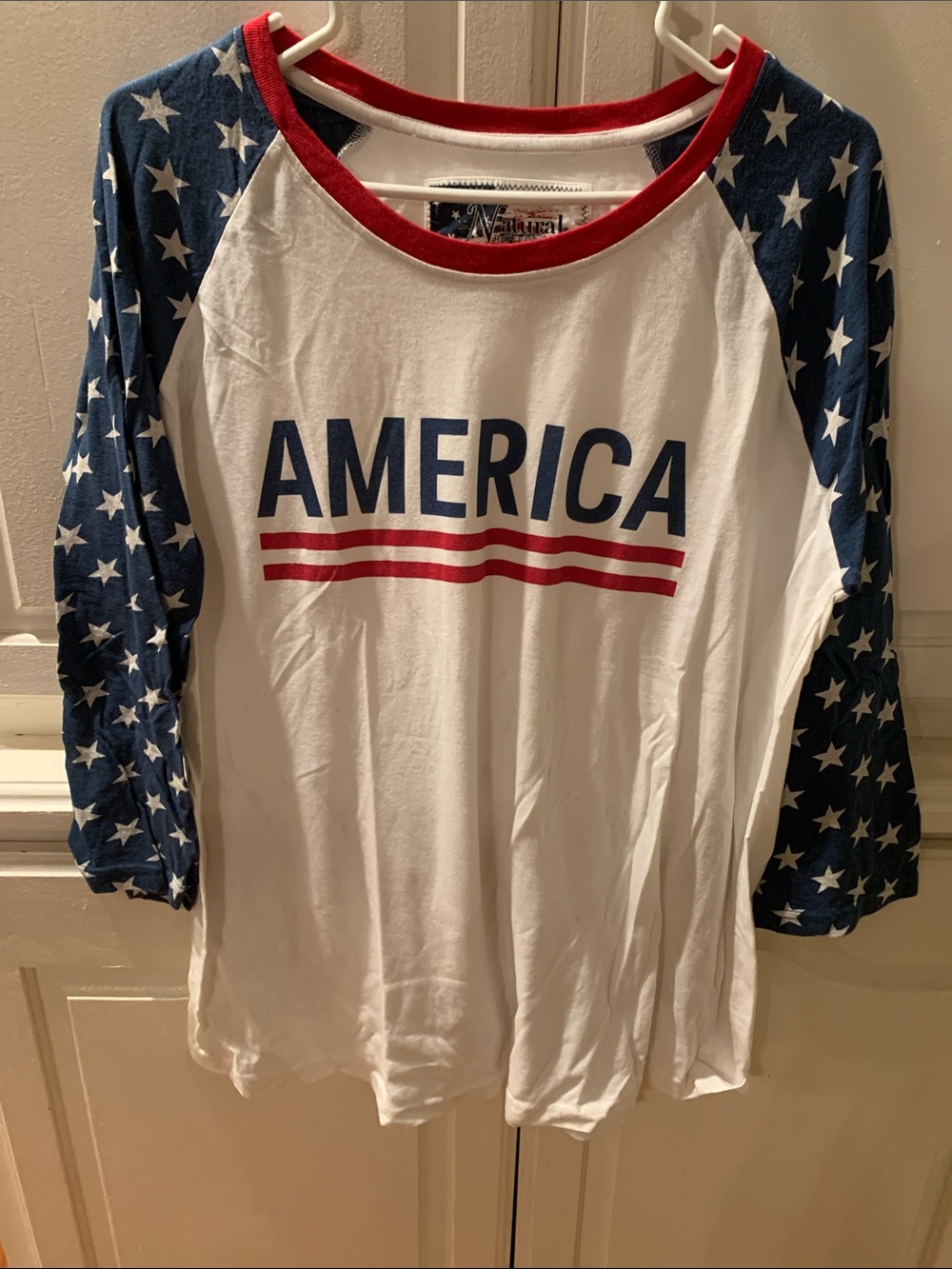 Natural Reflections White Tee w/ Blue Star Raglan Sleeves & Red Trim 3/4 sleeve